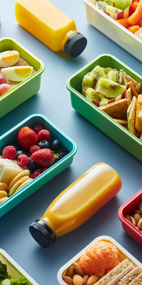 Snack In Lunch Boxes With Fresh Smoothie Drinks.